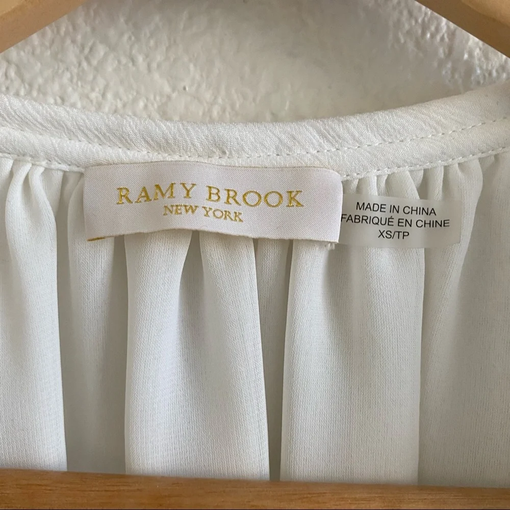 Ramy Brook White Silk Puff Sleeve Peasant Blouse Wooden Beaded Tassel XS - Picture 7 of 8